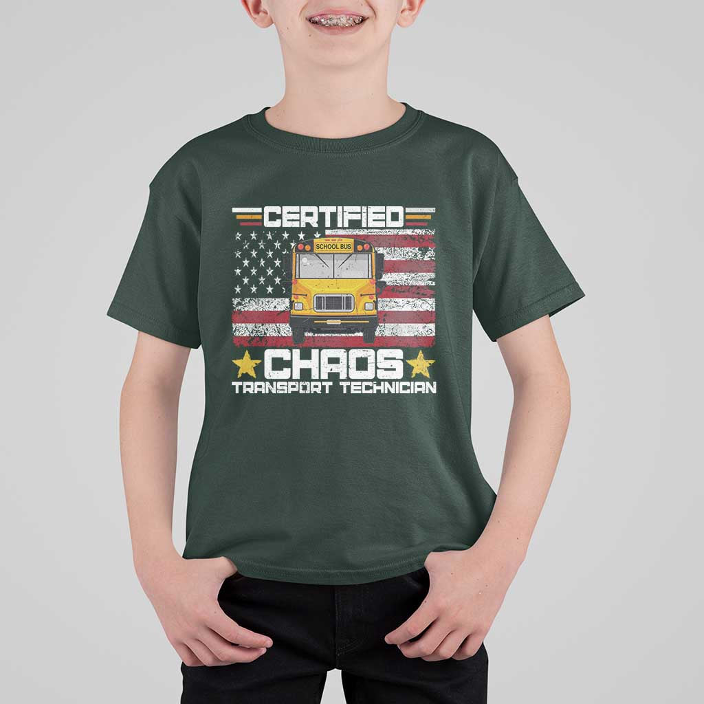 Certified Chaos Transport Technician T Shirt For Kid Patriotic School Bus Driver USA American Flag