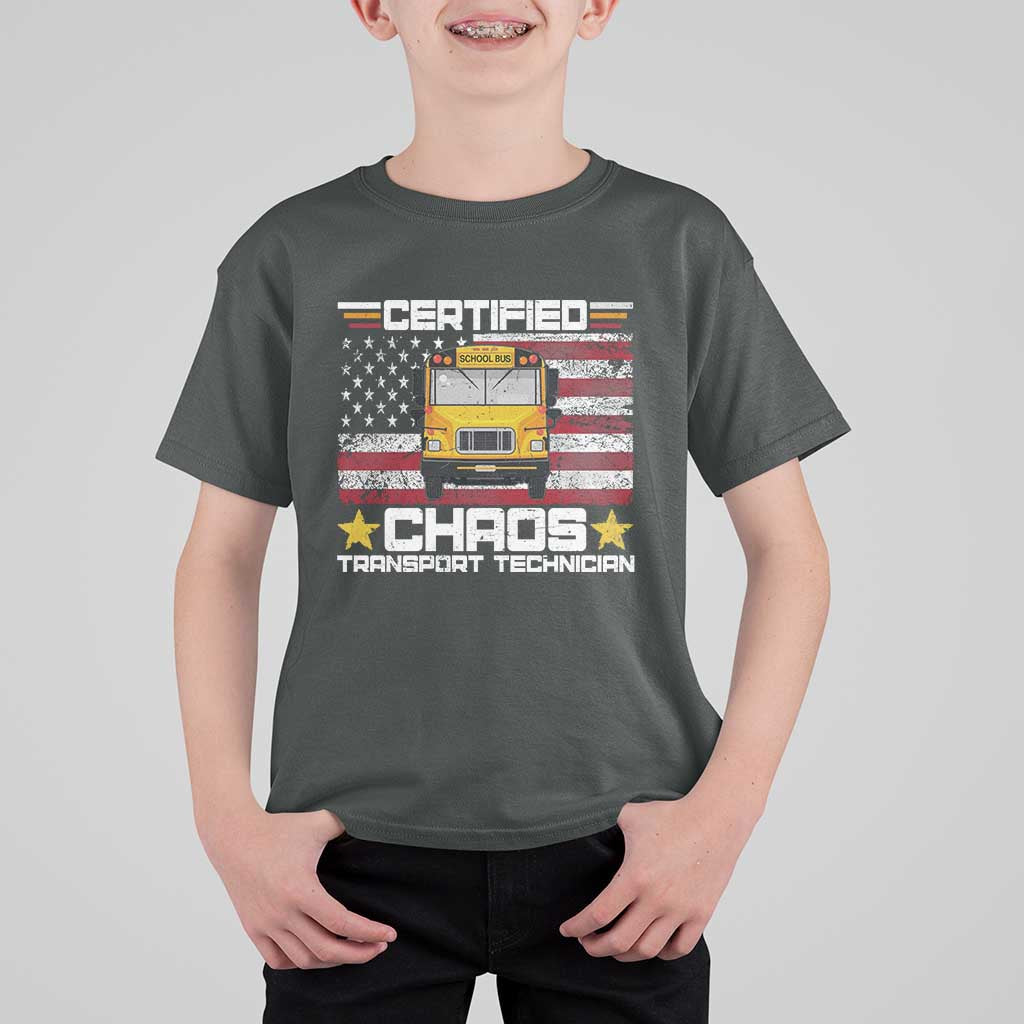 Certified Chaos Transport Technician T Shirt For Kid Patriotic School Bus Driver USA American Flag