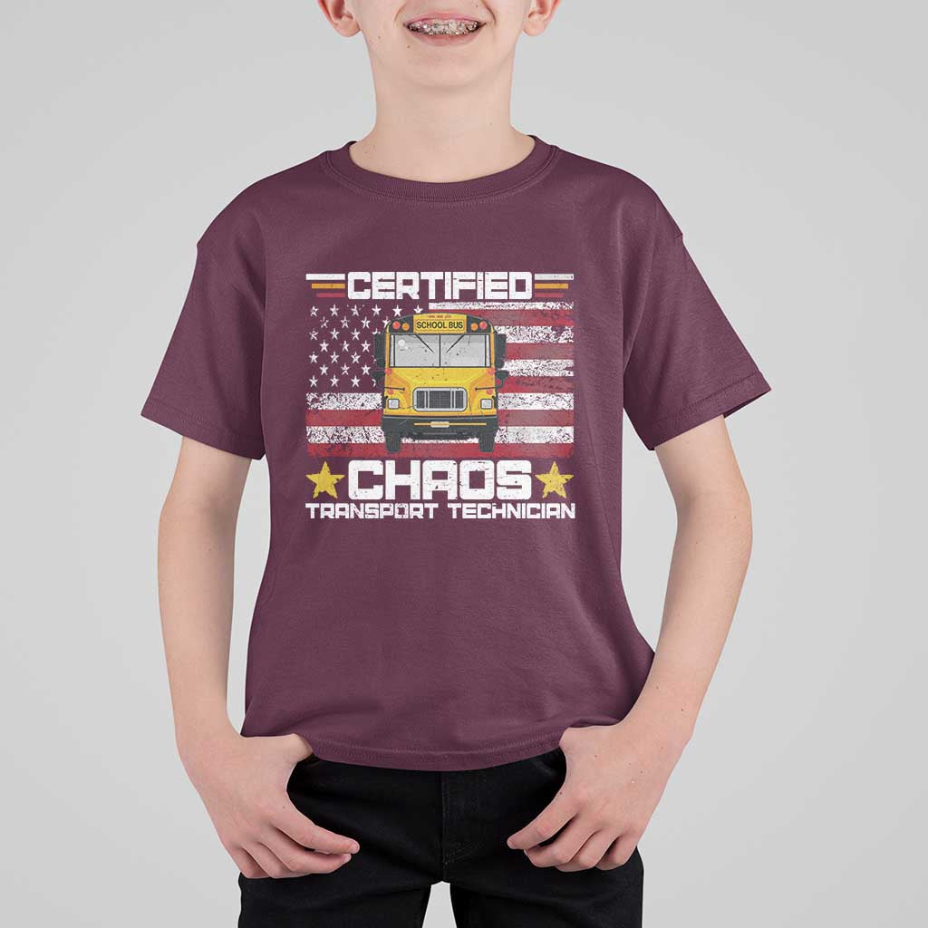 Certified Chaos Transport Technician T Shirt For Kid Patriotic School Bus Driver USA American Flag