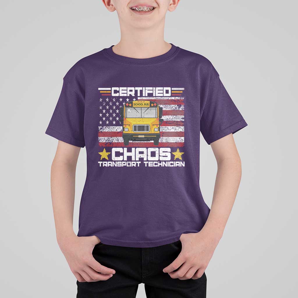 Certified Chaos Transport Technician T Shirt For Kid Patriotic School Bus Driver USA American Flag