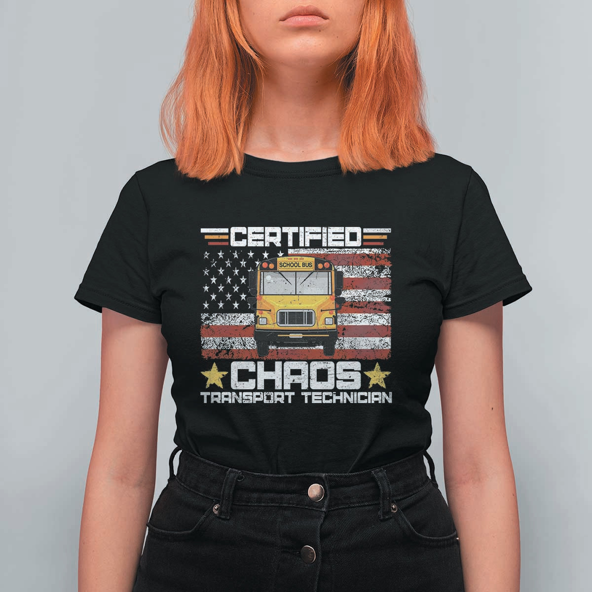 Certified Chaos Transport Technician T Shirt For Women Patriotic School Bus Driver USA American Flag