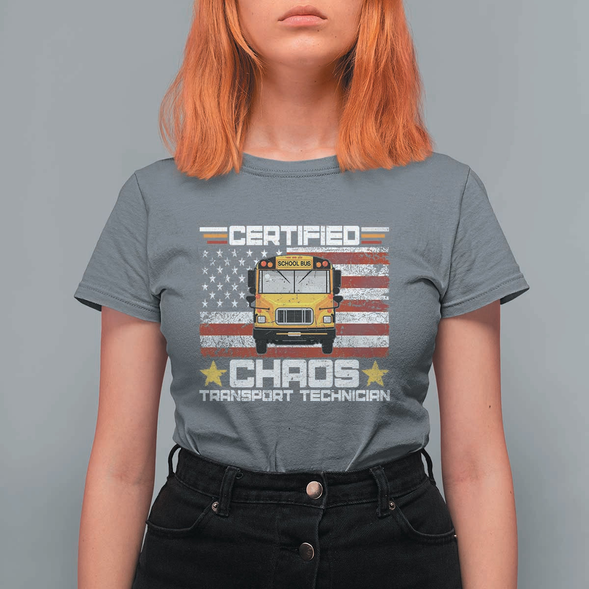 Certified Chaos Transport Technician T Shirt For Women Patriotic School Bus Driver USA American Flag