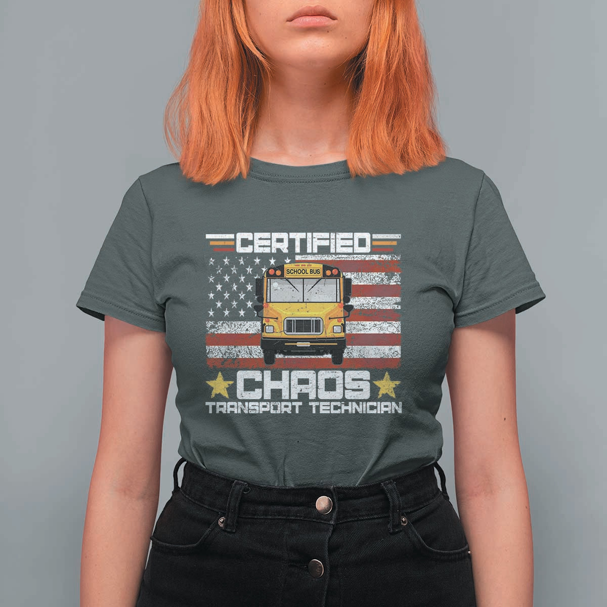 Certified Chaos Transport Technician T Shirt For Women Patriotic School Bus Driver USA American Flag