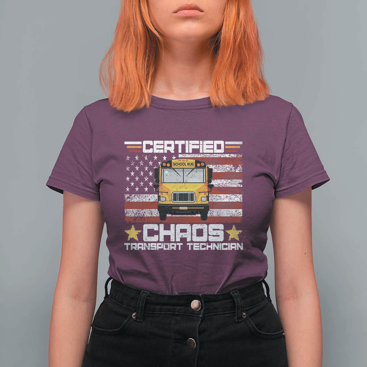 Certified Chaos Transport Technician T Shirt For Women Patriotic School Bus Driver USA American Flag