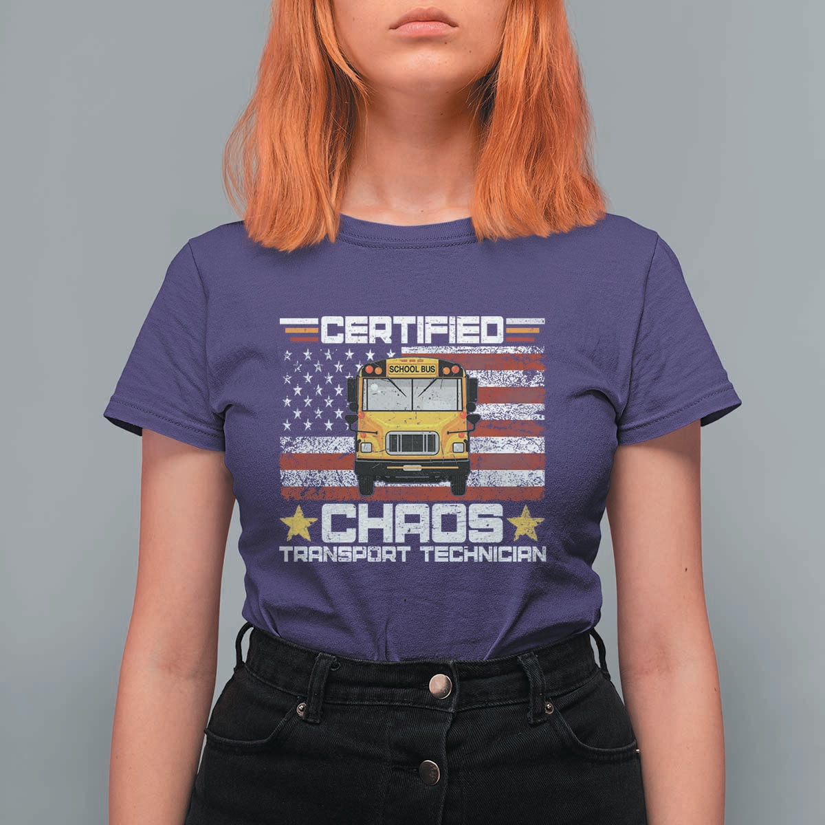 Certified Chaos Transport Technician T Shirt For Women Patriotic School Bus Driver USA American Flag