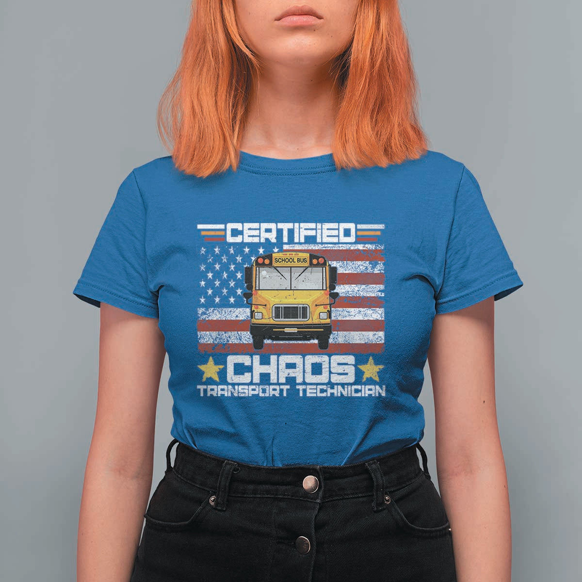 Certified Chaos Transport Technician T Shirt For Women Patriotic School Bus Driver USA American Flag