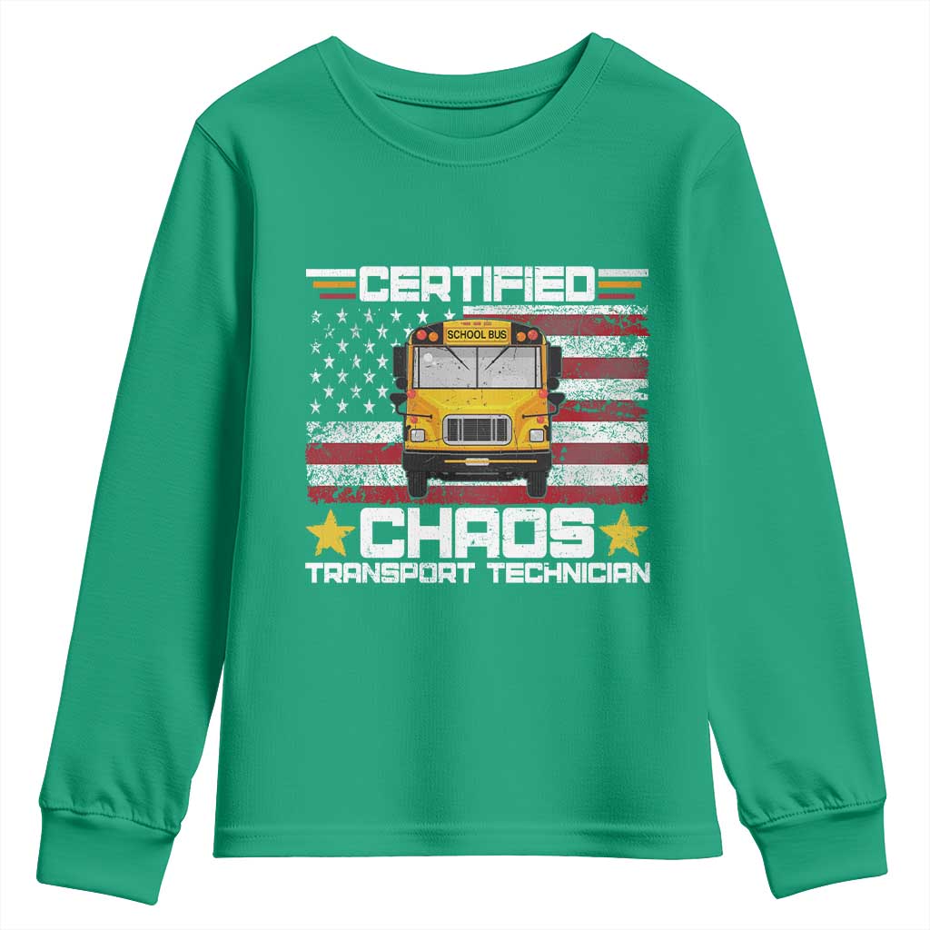 Certified Chaos Transport Technician Youth Sweatshirt Patriotic School Bus Driver USA American Flag