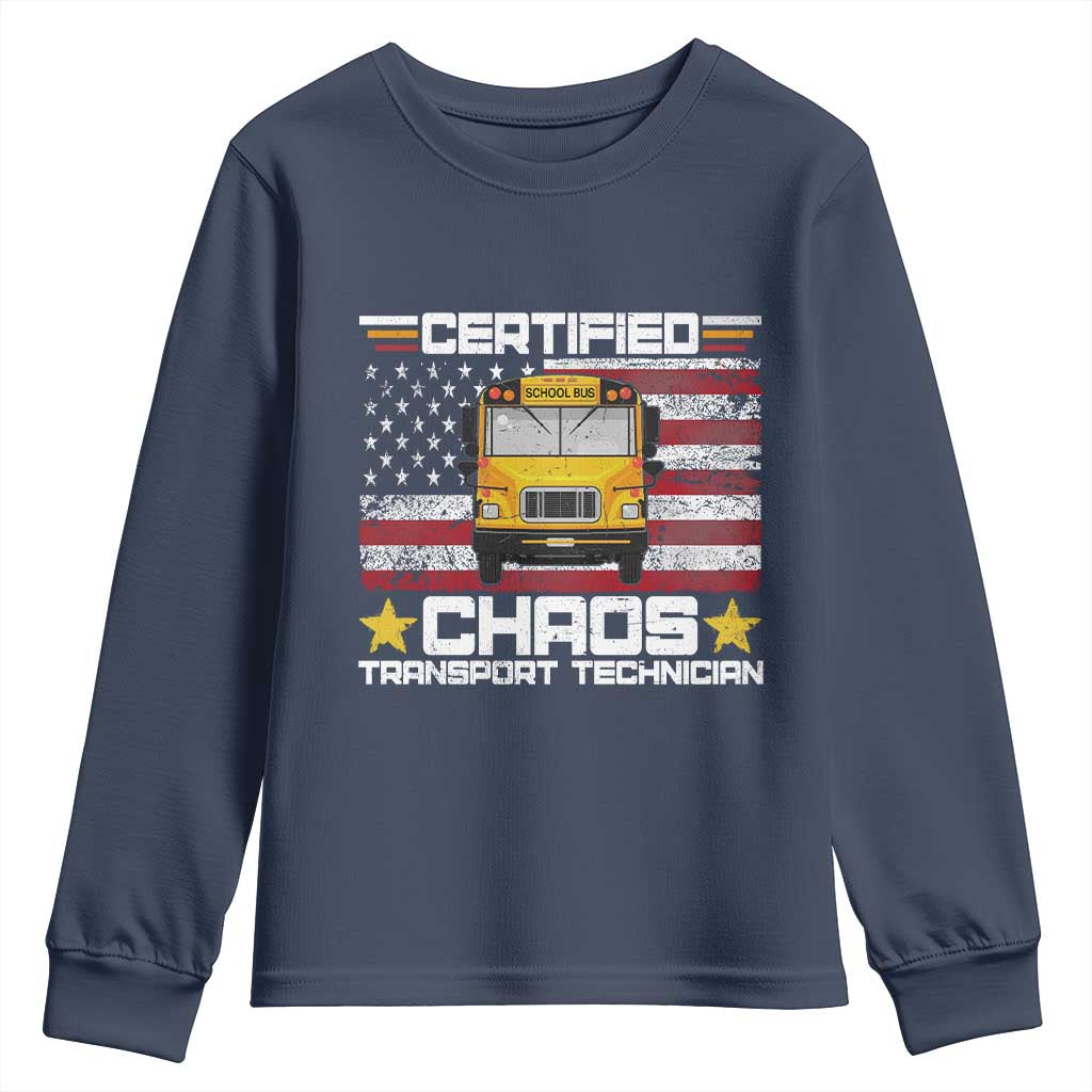 Certified Chaos Transport Technician Youth Sweatshirt Patriotic School Bus Driver USA American Flag