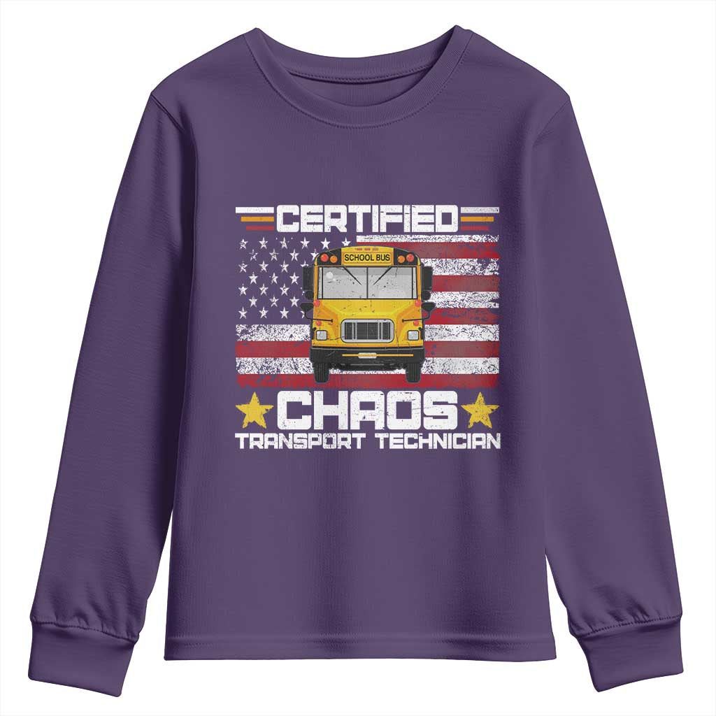 Certified Chaos Transport Technician Youth Sweatshirt Patriotic School Bus Driver USA American Flag