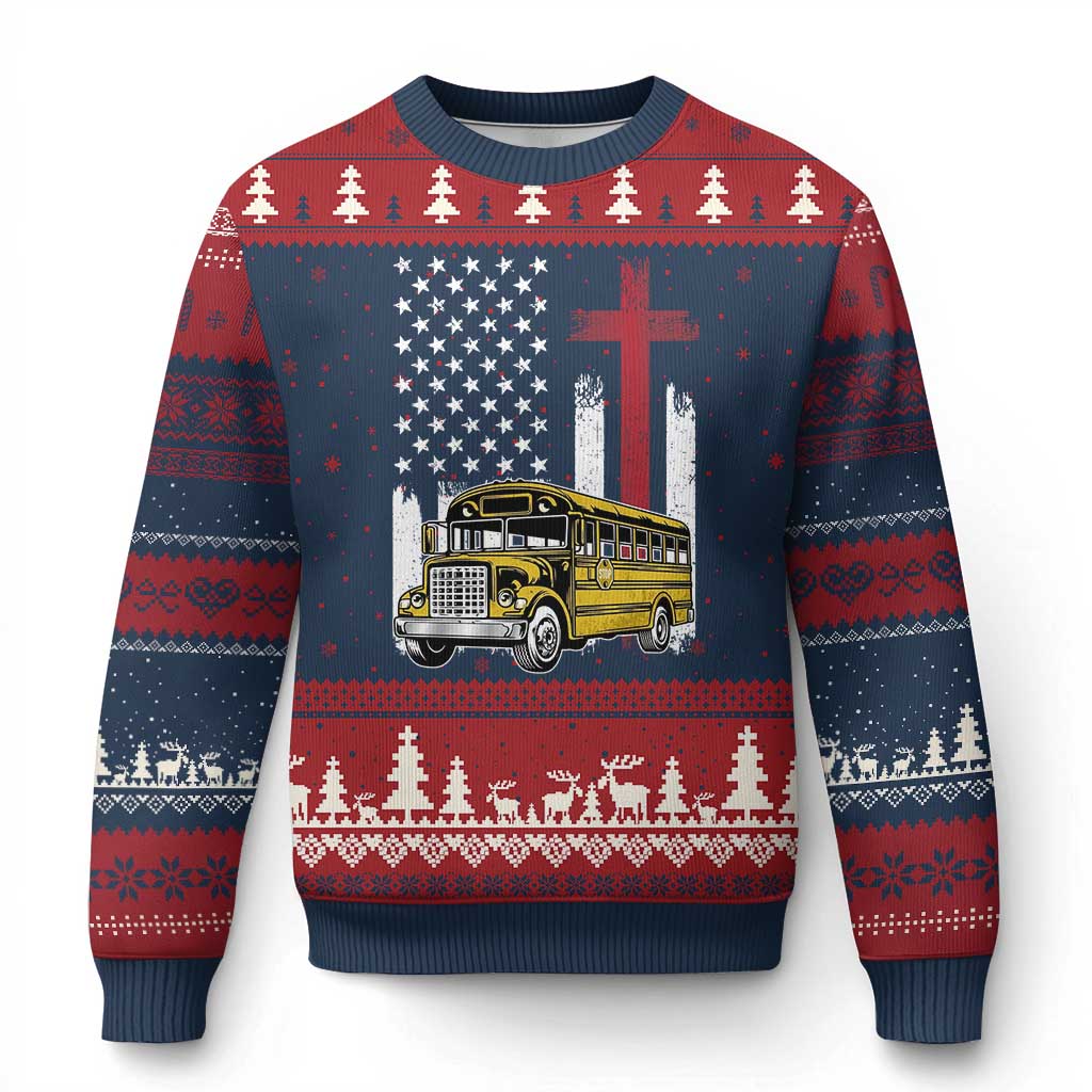 Bus Driver Patriotic Christian USA Flag Ugly Christmas Sweater School Bus Driver