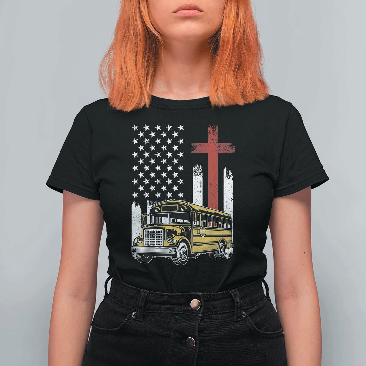 Bus Driver Patriotic Christian USA Flag T Shirt For Women School Bus Driver