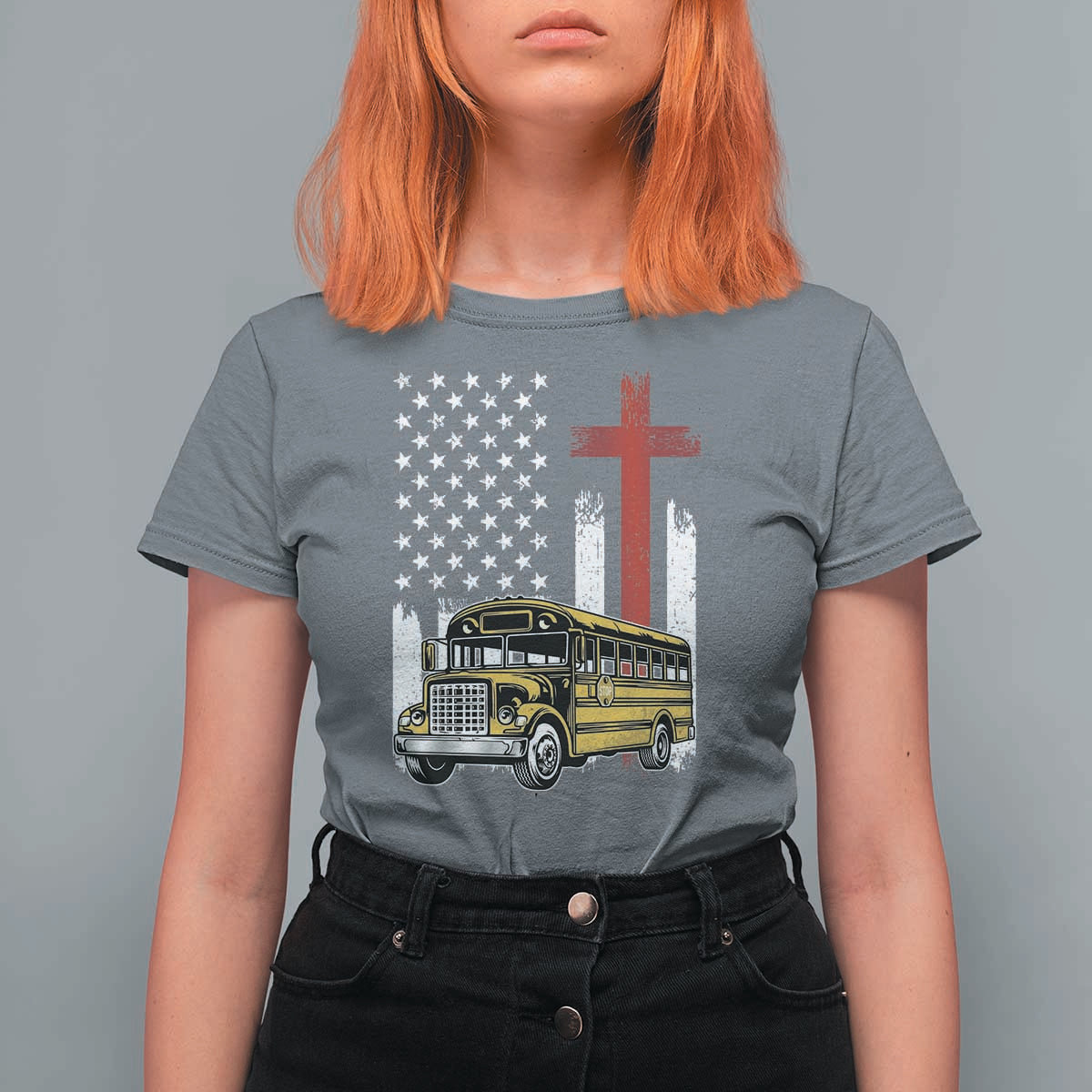Bus Driver Patriotic Christian USA Flag T Shirt For Women School Bus Driver