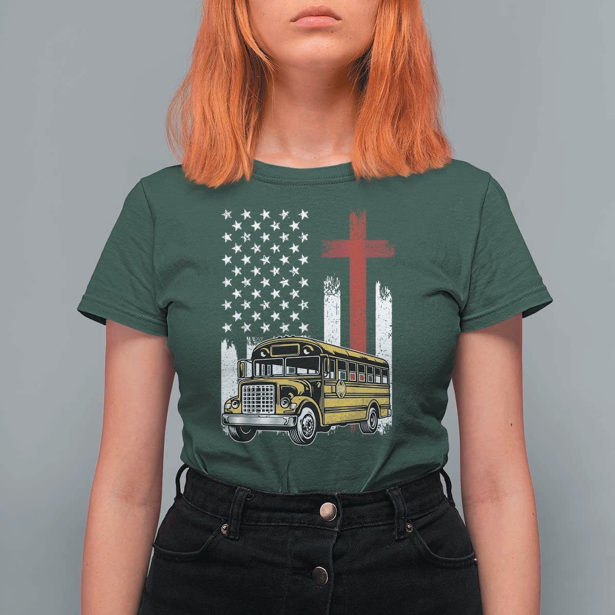 Bus Driver Patriotic Christian USA Flag T Shirt For Women School Bus Driver