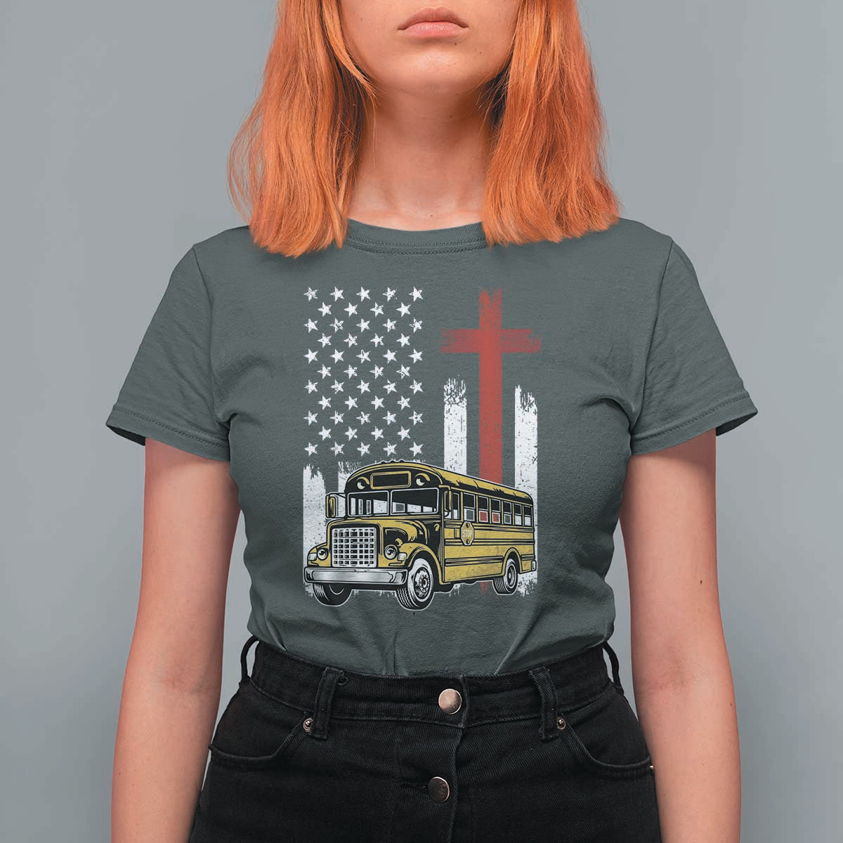 Bus Driver Patriotic Christian USA Flag T Shirt For Women School Bus Driver