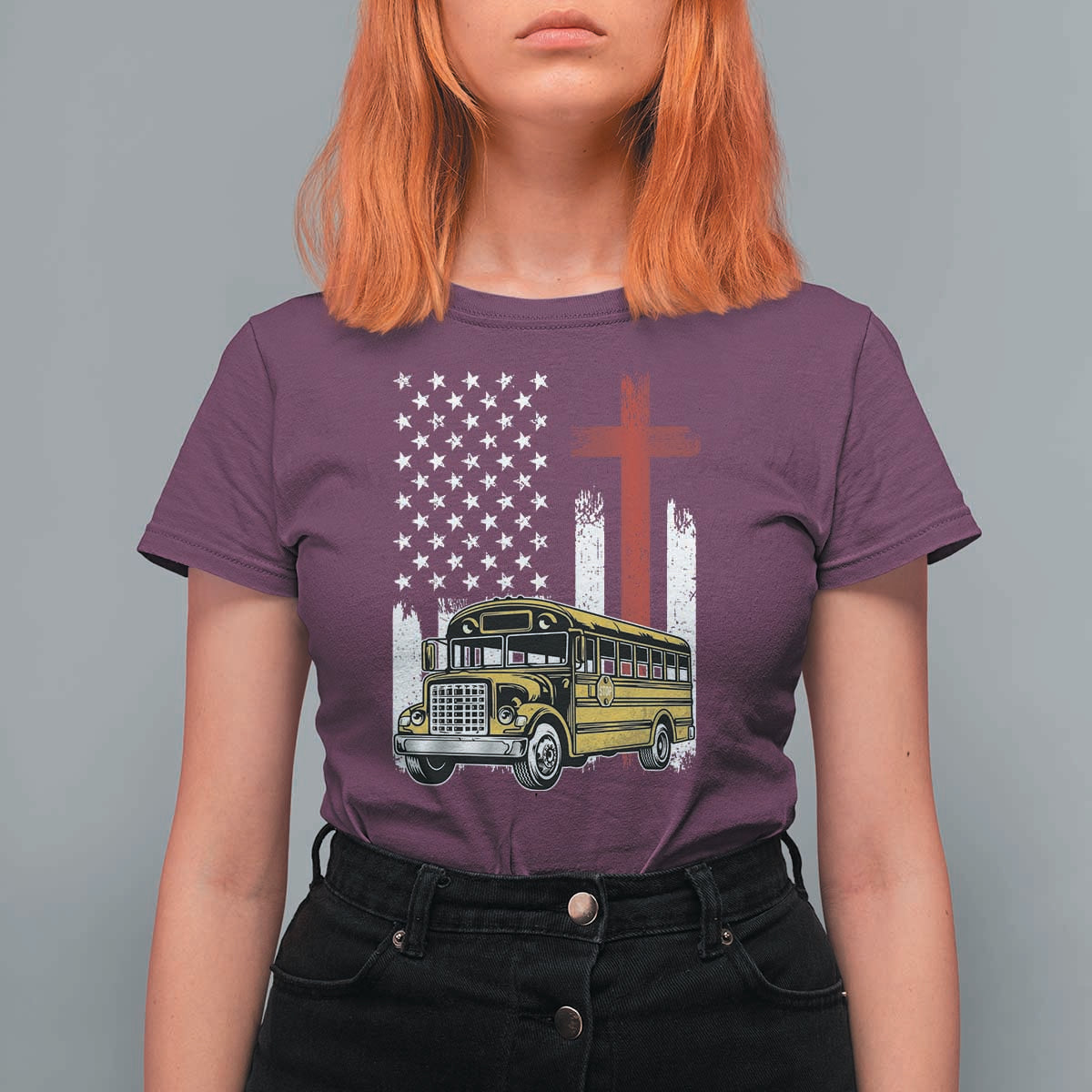 Bus Driver Patriotic Christian USA Flag T Shirt For Women School Bus Driver
