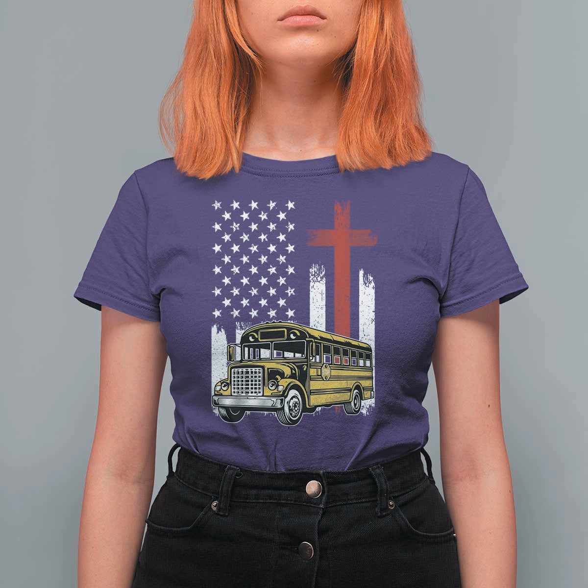 Bus Driver Patriotic Christian USA Flag T Shirt For Women School Bus Driver