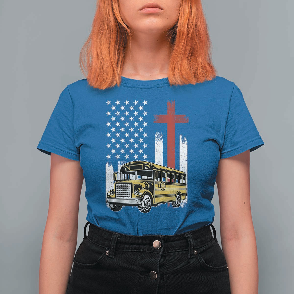 Bus Driver Patriotic Christian USA Flag T Shirt For Women School Bus Driver