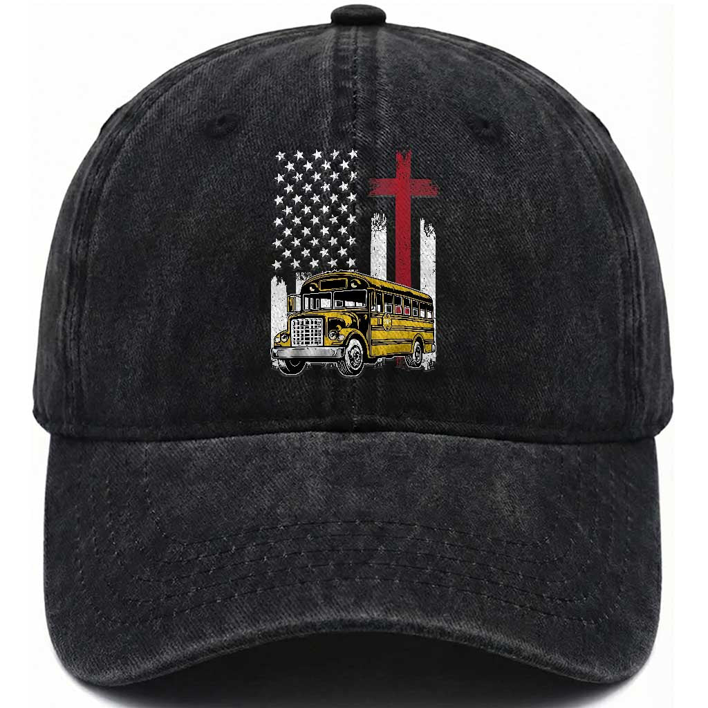 Bus Driver Patriotic Christian USA Flag Washed Cotton Baseball Cap School Bus Driver