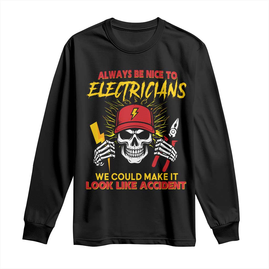 Funny Electrician Skull Long Sleeve Shirt Electrical Engineer Electricity Lineman - Wonder Print Shop