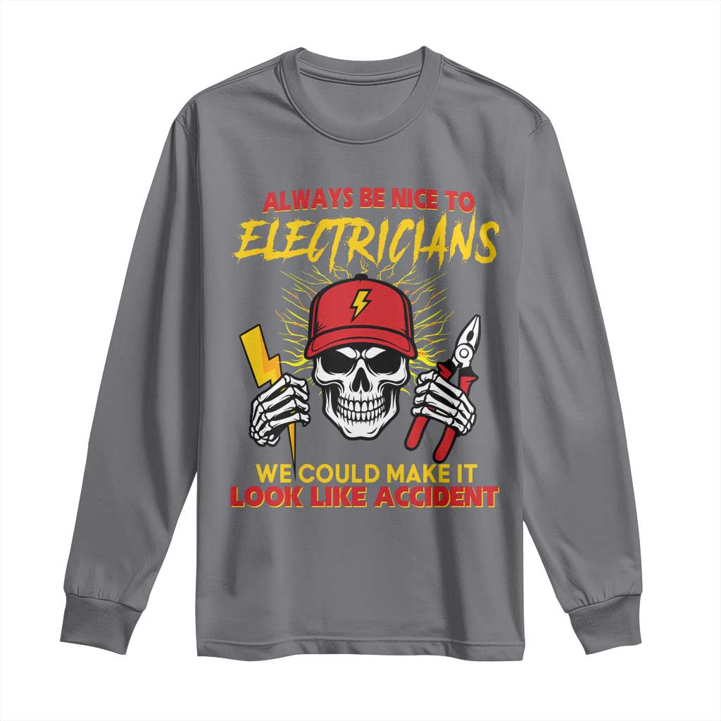 Funny Electrician Skull Long Sleeve Shirt Electrical Engineer Electricity Lineman - Wonder Print Shop