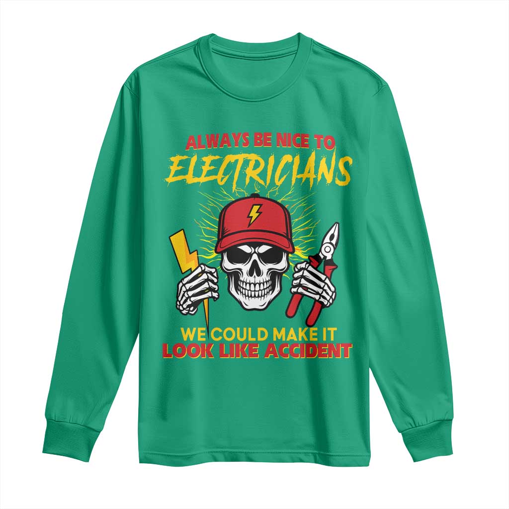Funny Electrician Skull Long Sleeve Shirt Electrical Engineer Electricity Lineman - Wonder Print Shop