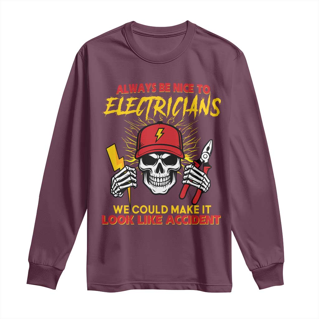Funny Electrician Skull Long Sleeve Shirt Electrical Engineer Electricity Lineman - Wonder Print Shop