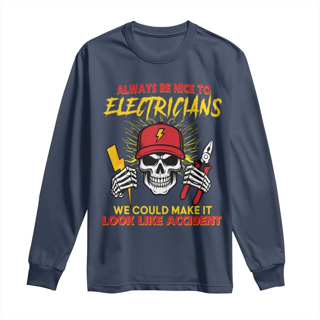 Funny Electrician Skull Long Sleeve Shirt Electrical Engineer Electricity Lineman - Wonder Print Shop