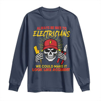 Funny Electrician Skull Long Sleeve Shirt Electrical Engineer Electricity Lineman - Wonder Print Shop