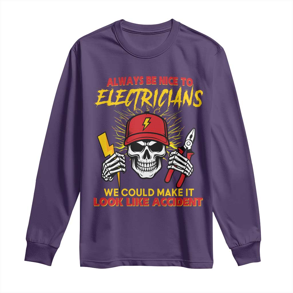 Funny Electrician Skull Long Sleeve Shirt Electrical Engineer Electricity Lineman - Wonder Print Shop