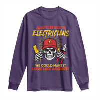 Funny Electrician Skull Long Sleeve Shirt Electrical Engineer Electricity Lineman - Wonder Print Shop
