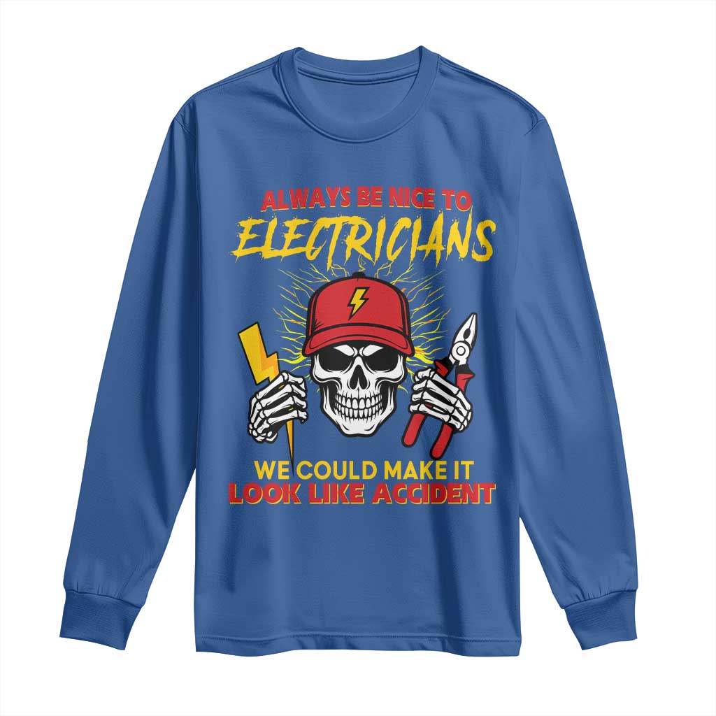 Funny Electrician Skull Long Sleeve Shirt Electrical Engineer Electricity Lineman - Wonder Print Shop