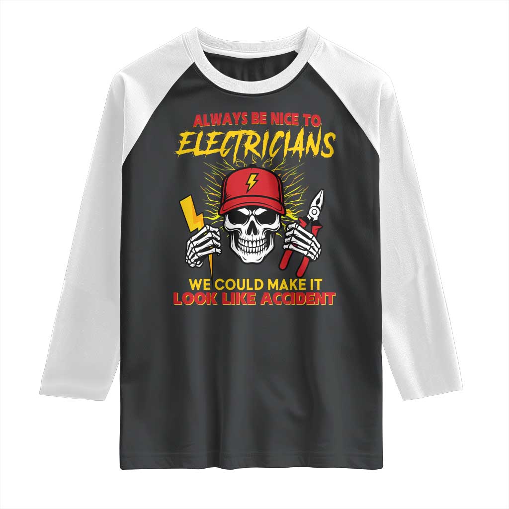 Funny Electrician Skull Raglan Shirt Electrical Engineer Electricity Lineman - Wonder Print Shop