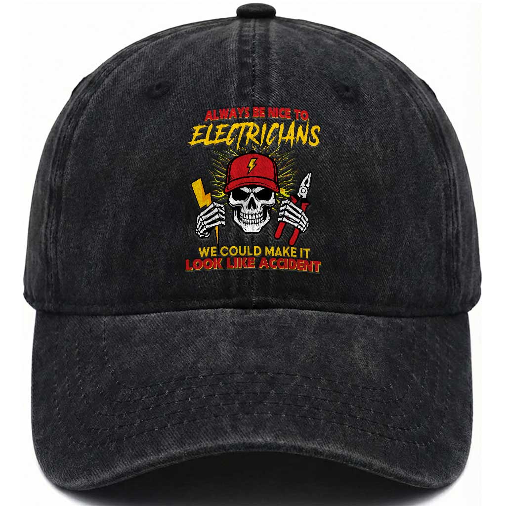Funny Electrician Skull Washed Cotton Baseball Cap Electrical Engineer Electricity Lineman
