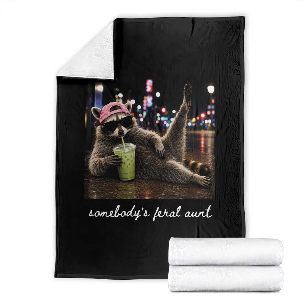 Somebody's Feral Aunt Throw Blanket Raccoon Drinking Iced Matcha Latte Sarcastic Animal Humor