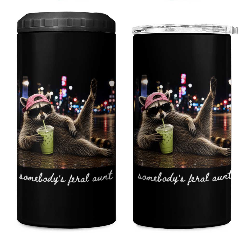 Somebody's Feral Aunt 4 in 1 Can Cooler Tumbler Raccoon Drinking Iced Matcha Latte Sarcastic Animal Humor