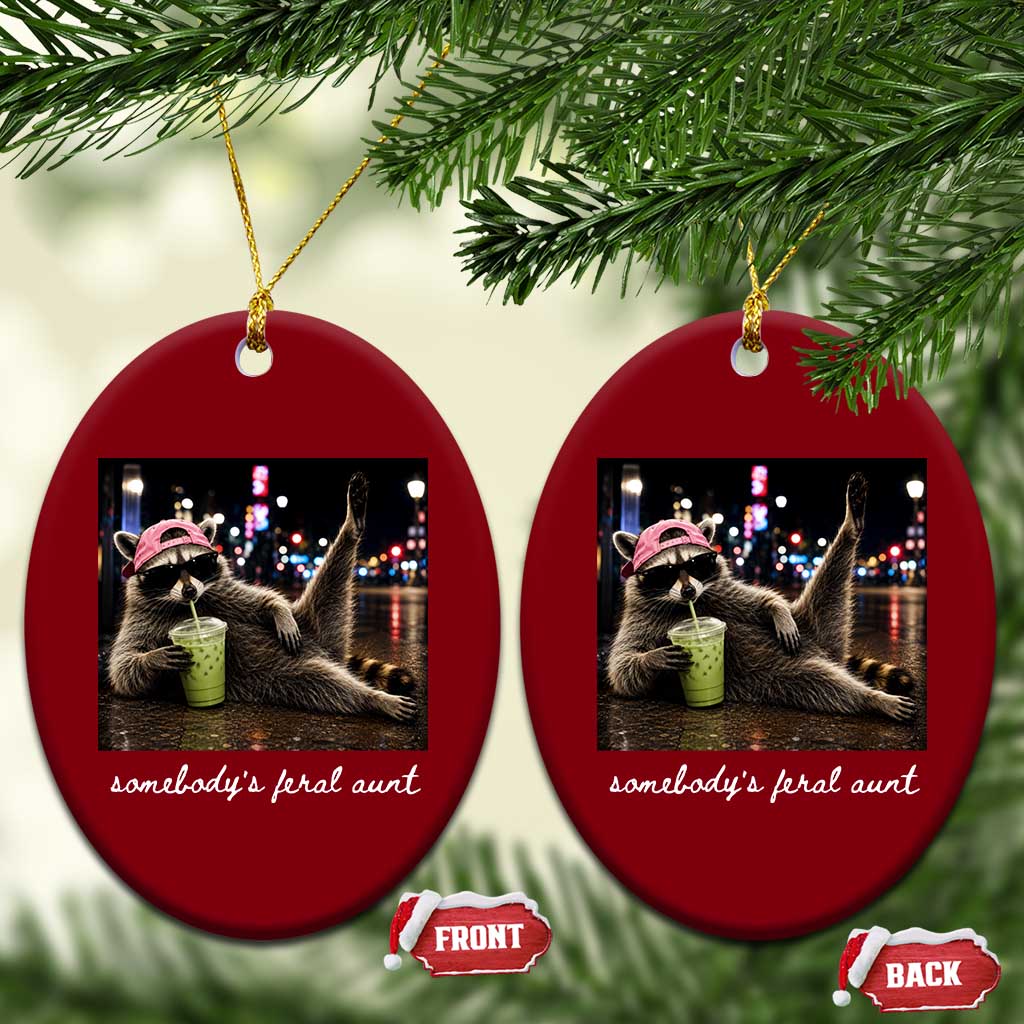Somebody's Feral Aunt Ceramic Ornament Raccoon Drinking Iced Matcha Latte Sarcastic Animal Humor