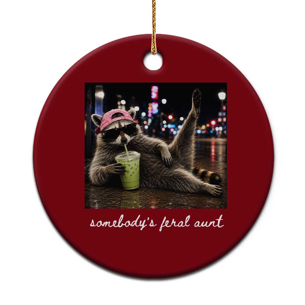 Somebody's Feral Aunt Ceramic Ornament Raccoon Drinking Iced Matcha Latte Sarcastic Animal Humor