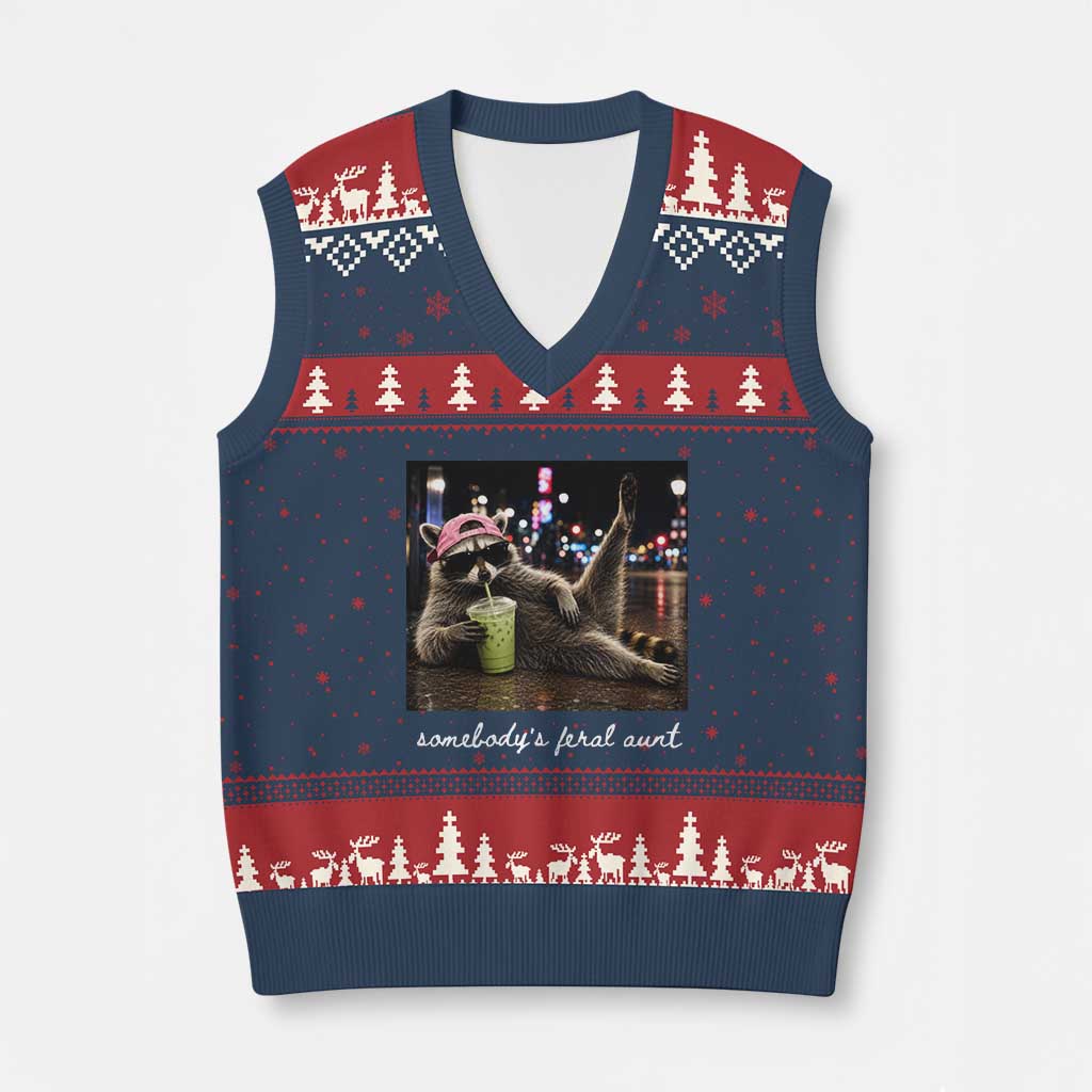 Somebody's Feral Aunt V-Neck Knit Sweater Vest Raccoon Drinking Iced Matcha Latte Sarcastic Animal Humor