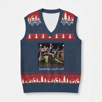 Somebody's Feral Aunt V-Neck Knit Sweater Vest Raccoon Drinking Iced Matcha Latte Sarcastic Animal Humor