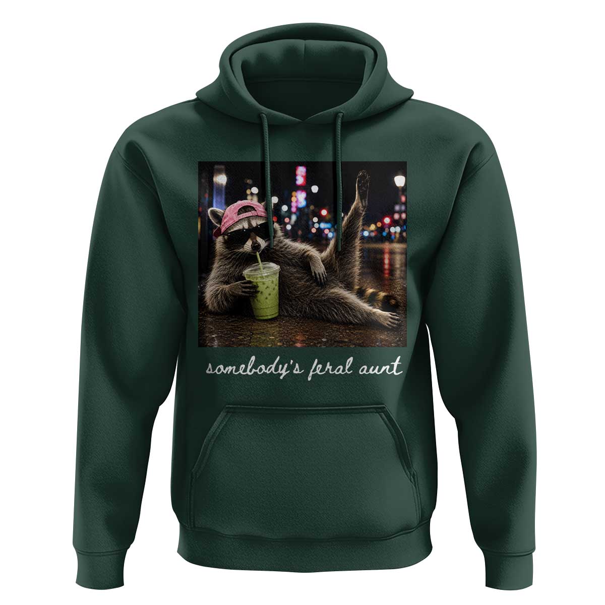 Somebody's Feral Aunt Hoodie Raccoon Drinking Iced Matcha Latte Sarcastic Animal Humor