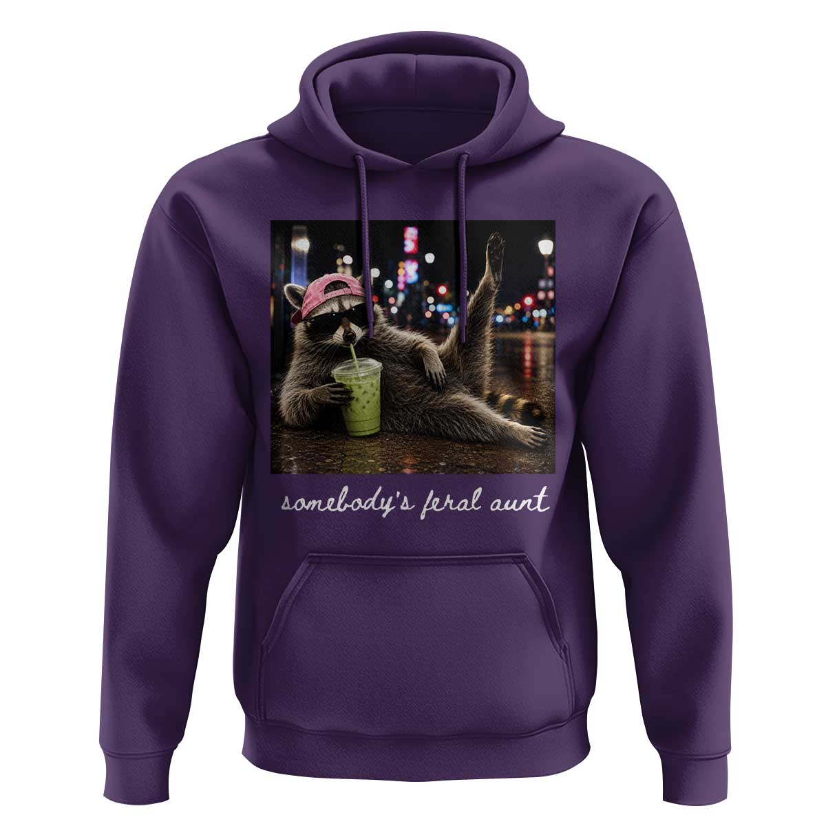 Somebody's Feral Aunt Hoodie Raccoon Drinking Iced Matcha Latte Sarcastic Animal Humor