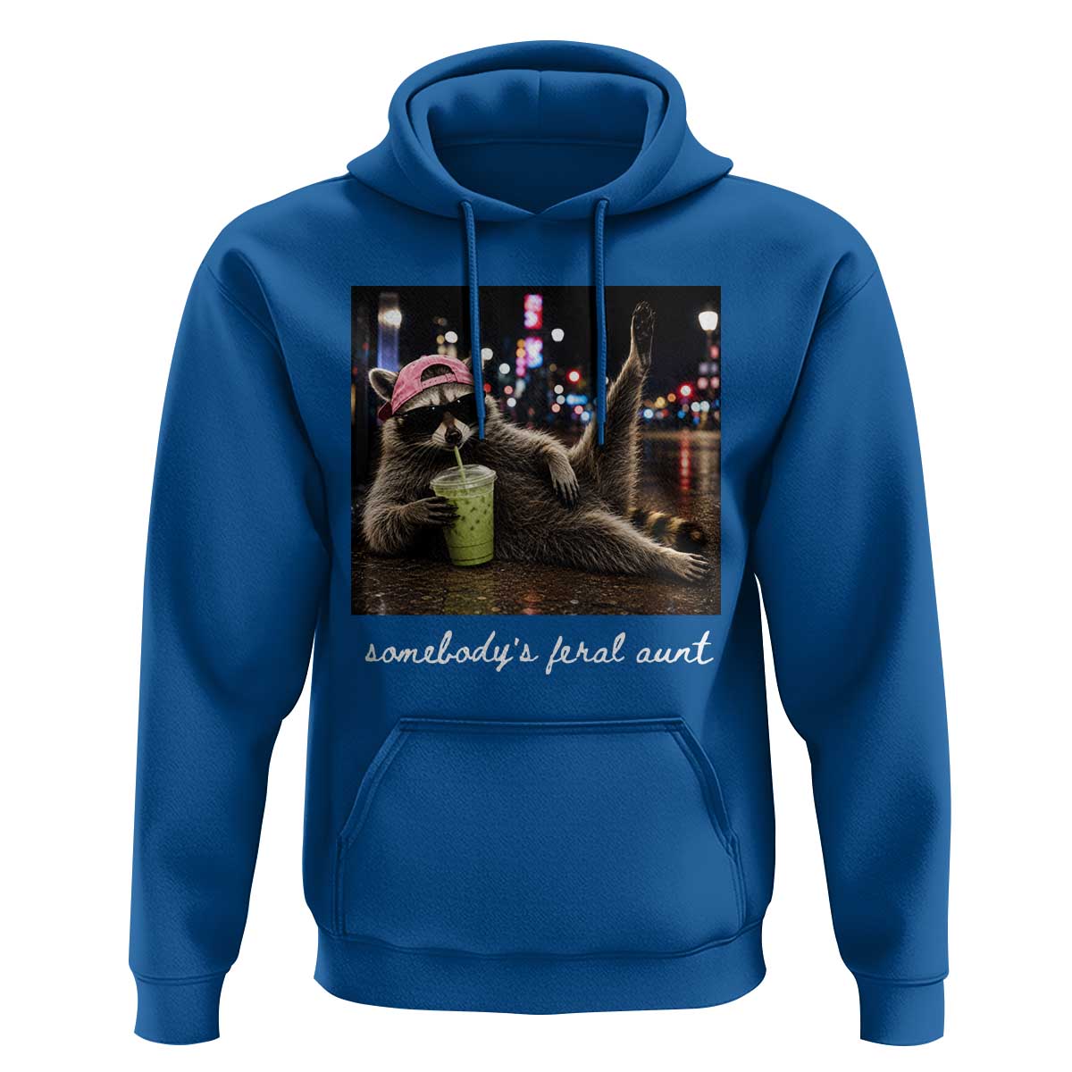 Somebody's Feral Aunt Hoodie Raccoon Drinking Iced Matcha Latte Sarcastic Animal Humor