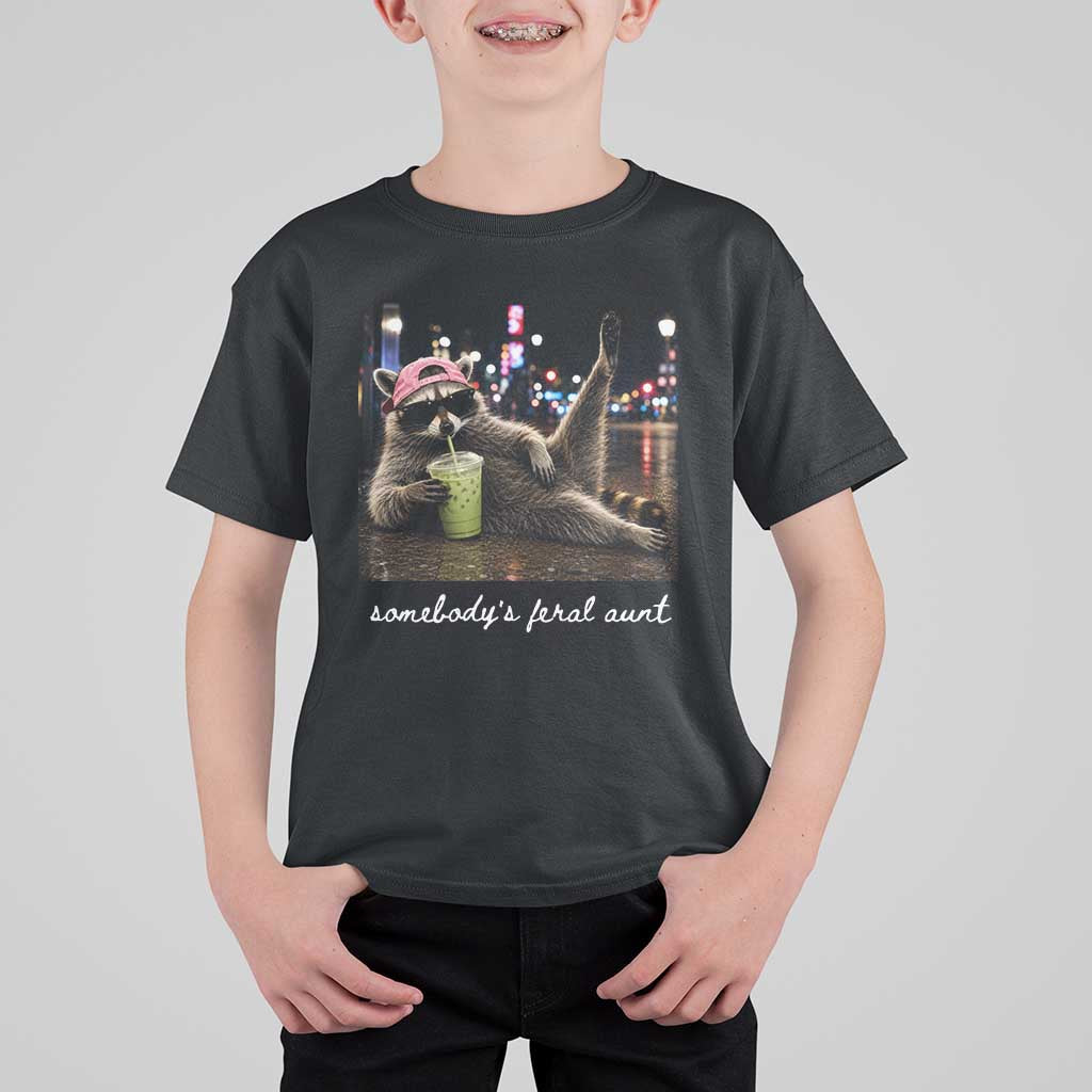 Somebody's Feral Aunt T Shirt For Kid Raccoon Drinking Iced Matcha Latte Sarcastic Animal Humor