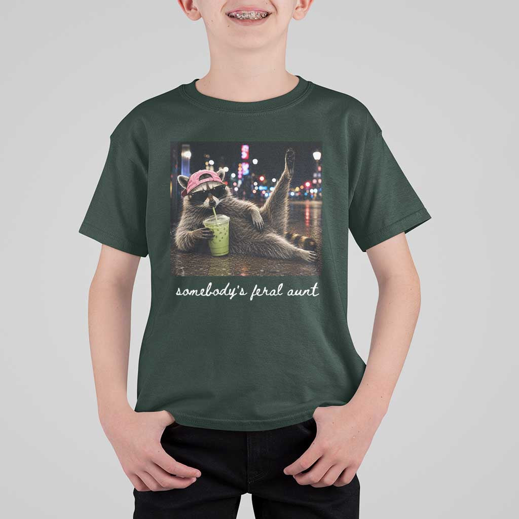 Somebody's Feral Aunt T Shirt For Kid Raccoon Drinking Iced Matcha Latte Sarcastic Animal Humor