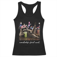 Somebody's Feral Aunt Racerback Tank Top Raccoon Drinking Iced Matcha Latte Sarcastic Animal Humor