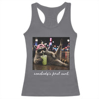 Somebody's Feral Aunt Racerback Tank Top Raccoon Drinking Iced Matcha Latte Sarcastic Animal Humor