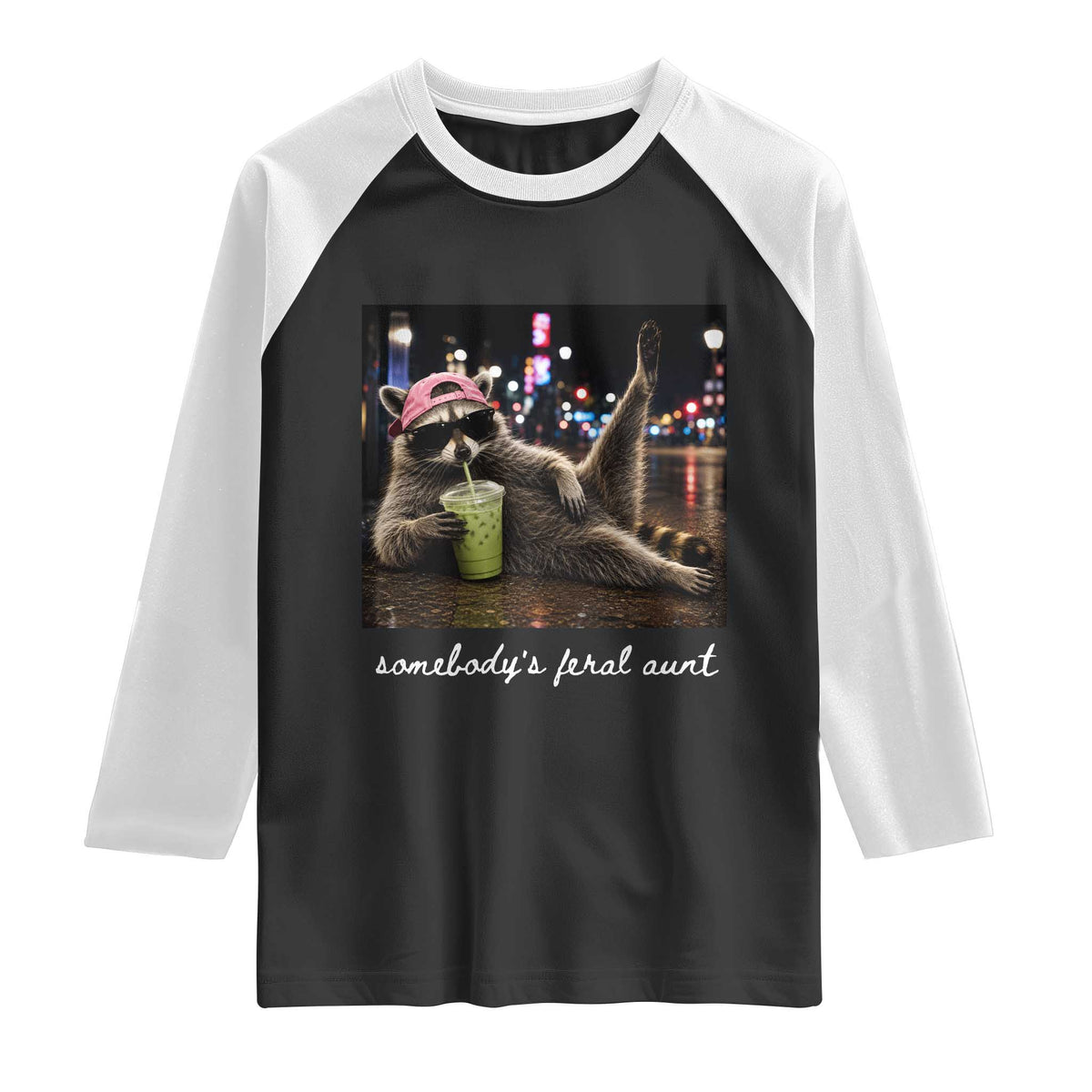 Somebody's Feral Aunt Raglan Shirt Raccoon Drinking Iced Matcha Latte Sarcastic Animal Humor