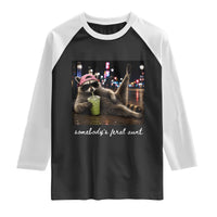 Somebody's Feral Aunt Raglan Shirt Raccoon Drinking Iced Matcha Latte Sarcastic Animal Humor