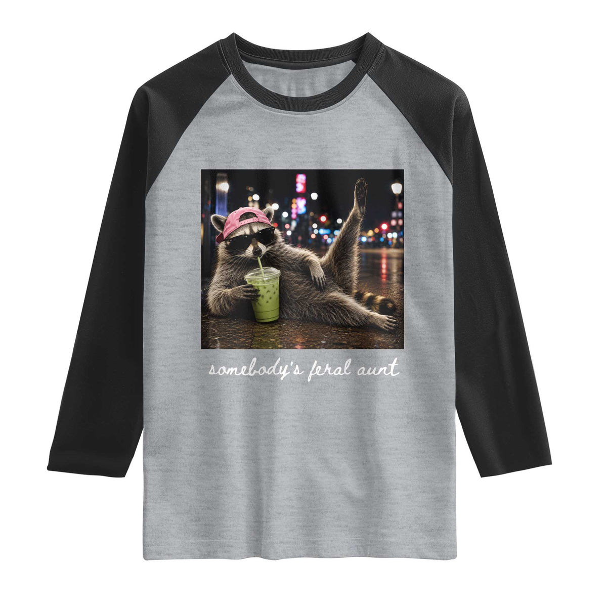 Somebody's Feral Aunt Raglan Shirt Raccoon Drinking Iced Matcha Latte Sarcastic Animal Humor