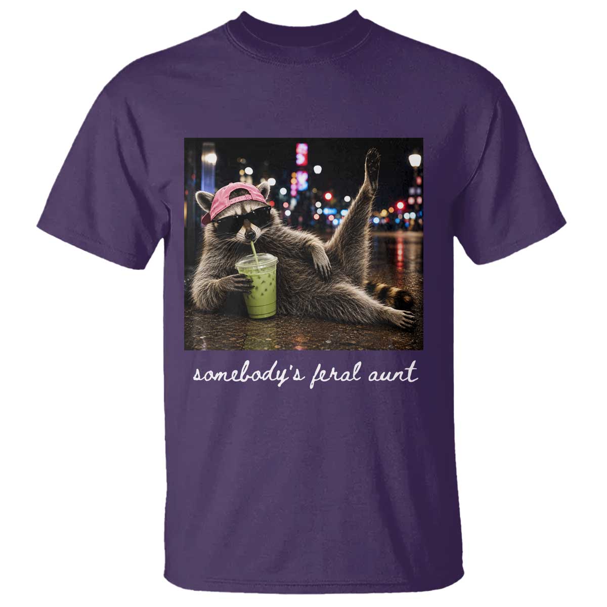 Somebody's Feral Aunt T Shirt Raccoon Drinking Iced Matcha Latte Sarcastic Animal Humor